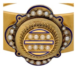 14K geelgouden bangle armband met zaadparels en emaille