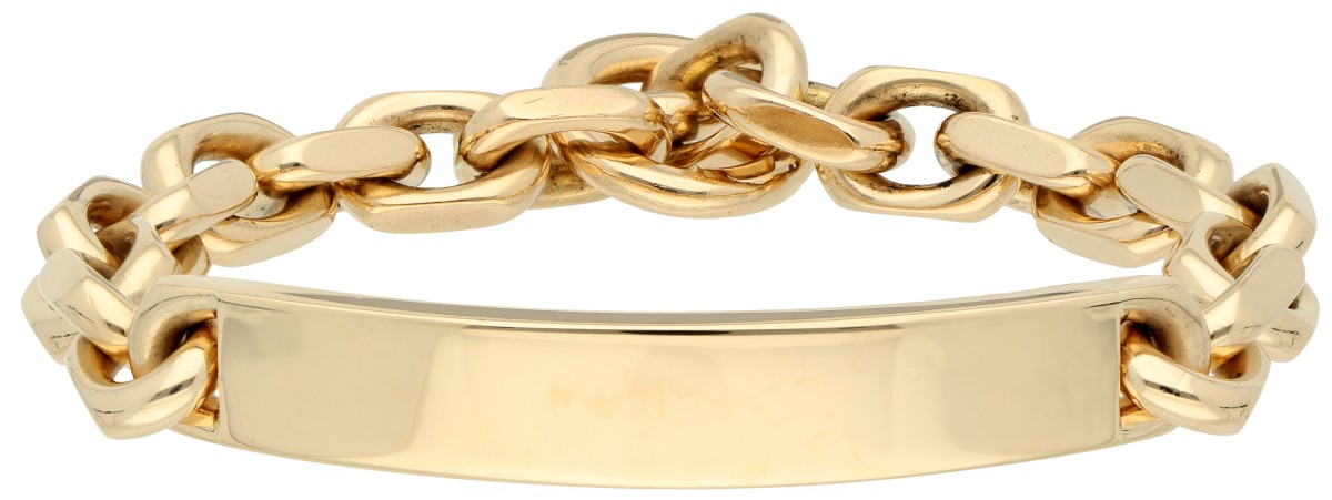 14K geelgouden schakelarmband met graveerplaatje door Deense designer Hans Hansen. 