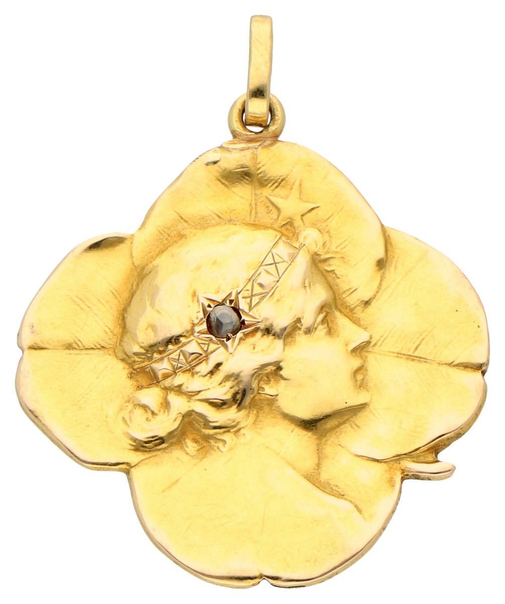 18K geelgouden art Nouveau hanger met vrouwenprofiel bezet met diamant