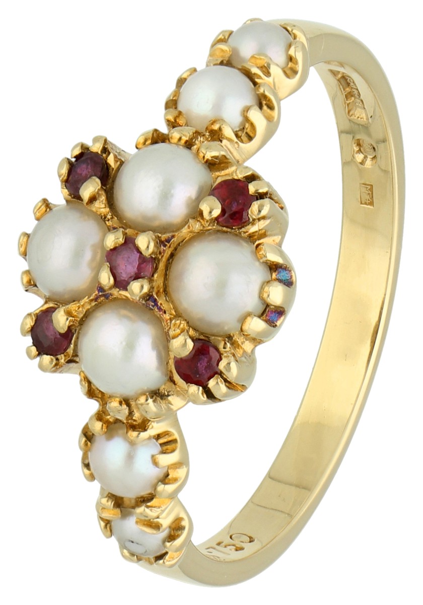Franklin Mint 18K geelgouden ring bezet met gecultiveerde parels en ca. 0.15 ct. natuurlijk robijn