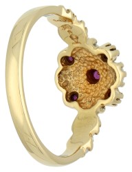 Franklin Mint 18K geelgouden ring bezet met gecultiveerde parels en ca. 0.15 ct. natuurlijk robijn. 