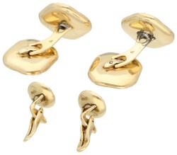 Gouden/platina set van manchetknopen en boordknopen bezet met ca. 0.20 ct. diamant en parelmoer