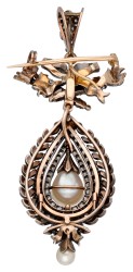 Gouden/zilveren victoriaans broche/hanger met diamant en parel.