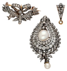 Gouden/zilveren victoriaans broche/hanger met diamant en parel