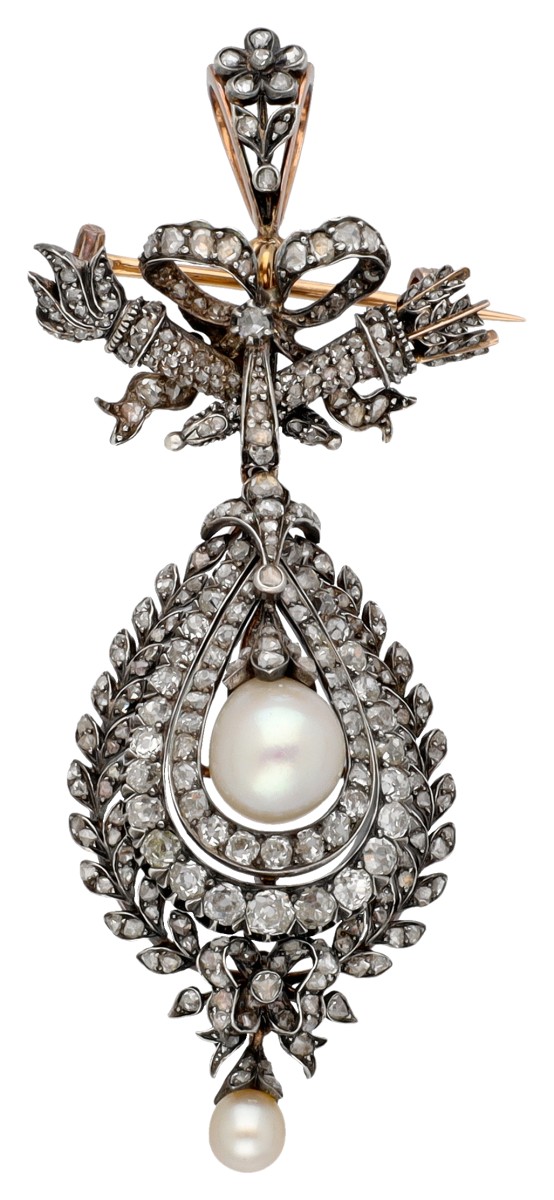 Gouden/zilveren victoriaans broche/hanger met diamant en parel