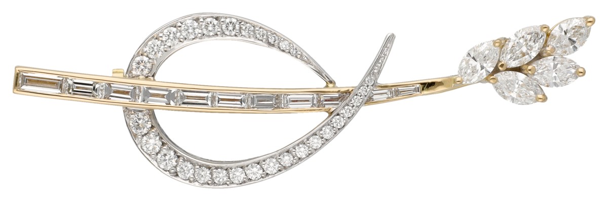 18K Bicolor gouden pampas gras broche bezet met ca. 2.65 ct. diamanten