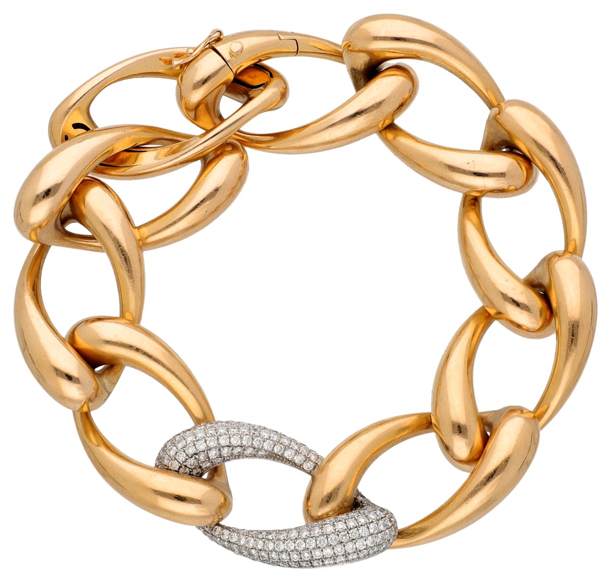 18K bicolor gouden schakelarmband bezet met ca. 2.15 ct. diamant