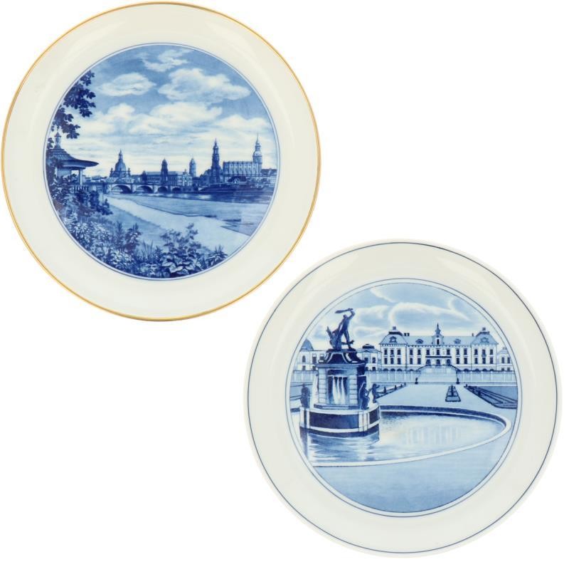 Een lot van (2) porseleinen borden met decor van steden. Meisssen, 2e helft 20e eeuw.