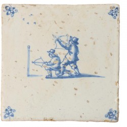 Een lot van (9) Delftse  tegels met diverse voorstellingen en hoekmotieven. Waaronder ossekopjes en spinnekopjes. Nederland, 18e eeuw.