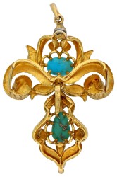 14K geelgouden hanger met turkoois, cultivé parel en robijn