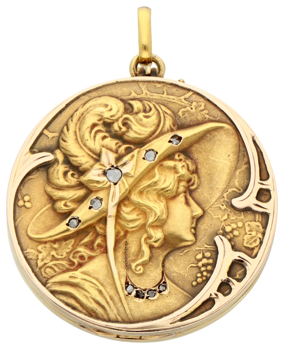 18K geelgouden art nouveau medallion hanger en profil met diamant