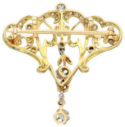 Franse gouden/platina Art Nouveau broche/hanger met oud slijpsel diamant