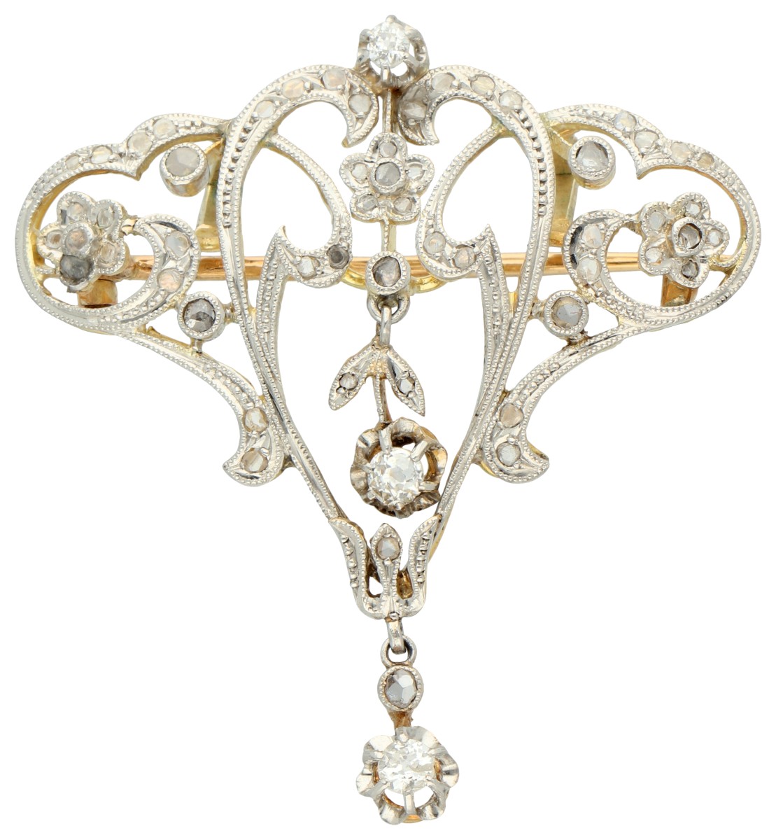 Franse gouden/platina Art Nouveau broche/hanger met oud slijpsel diamant