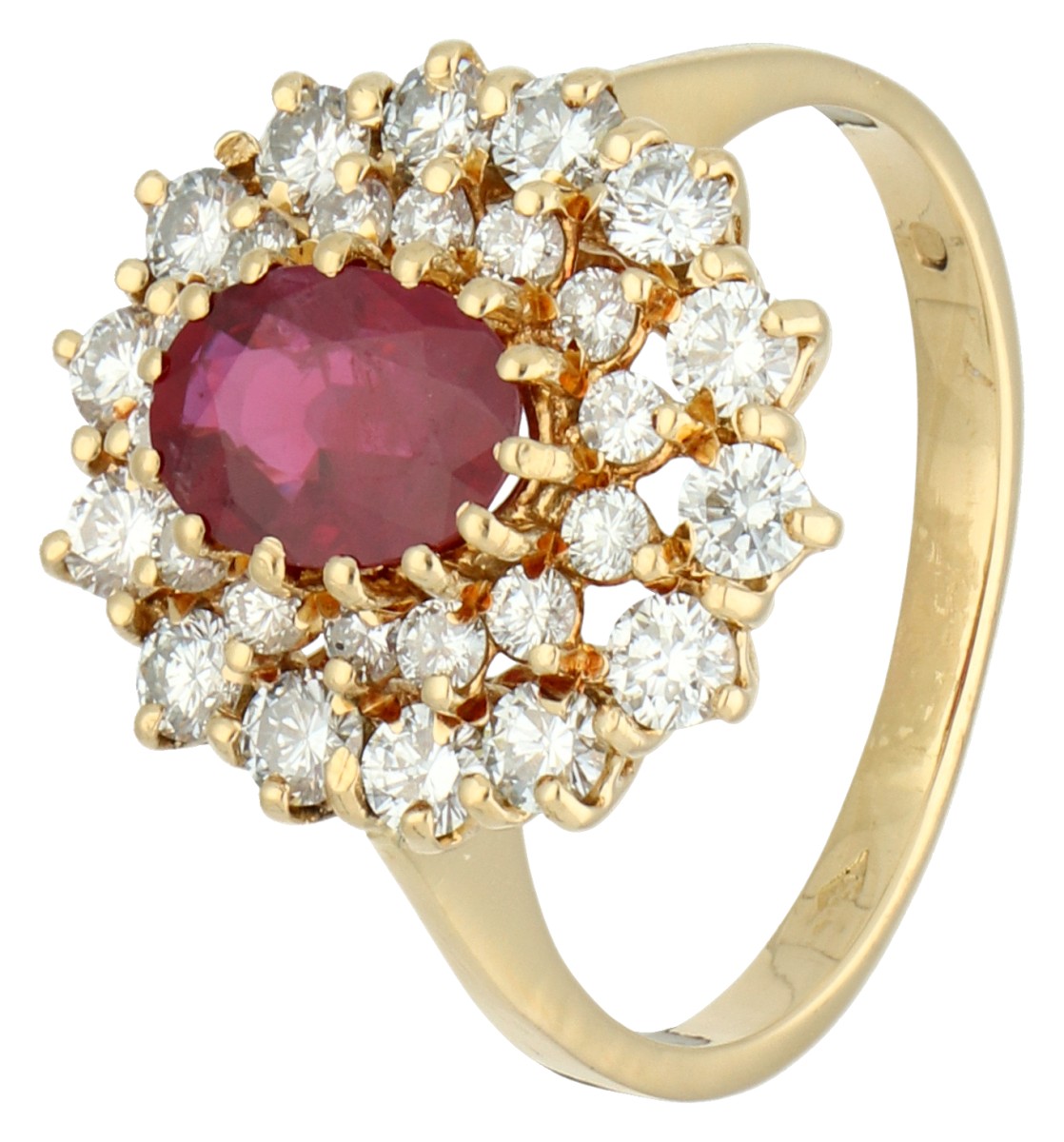 18K geelgouden entourage ring bezet met ca. 0.84 ct. diamant en synthetische robijn