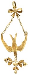 18K geelgouden vogel hanger bezet met parel 