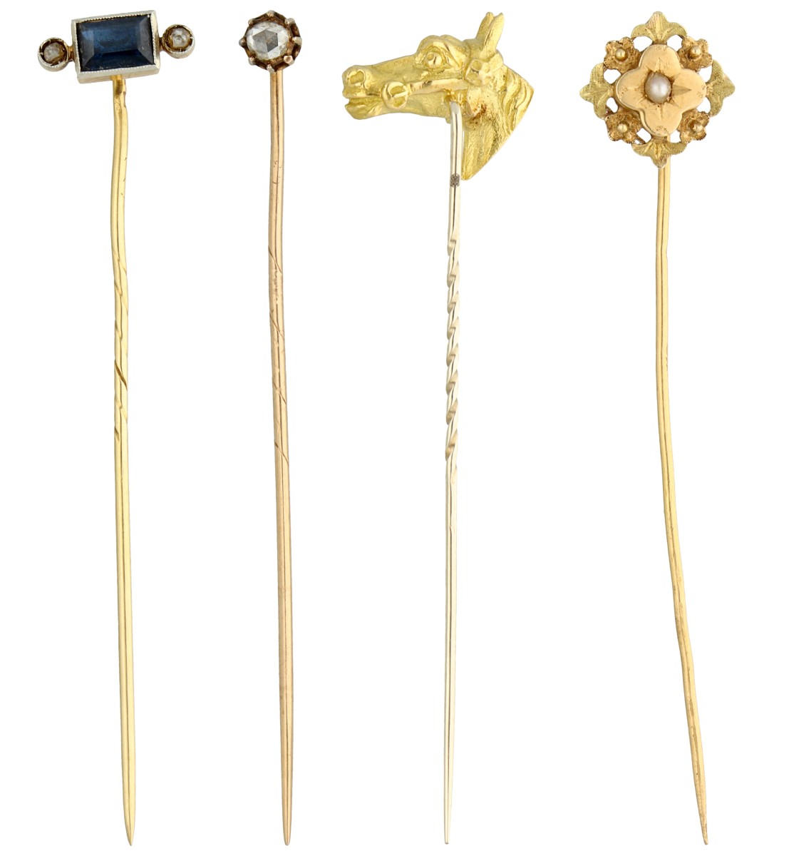 Set van 14K en 18K geelgouden das/ revers spelden bezet met diamanten, synthetisch saffier en een gecultiveerde parel