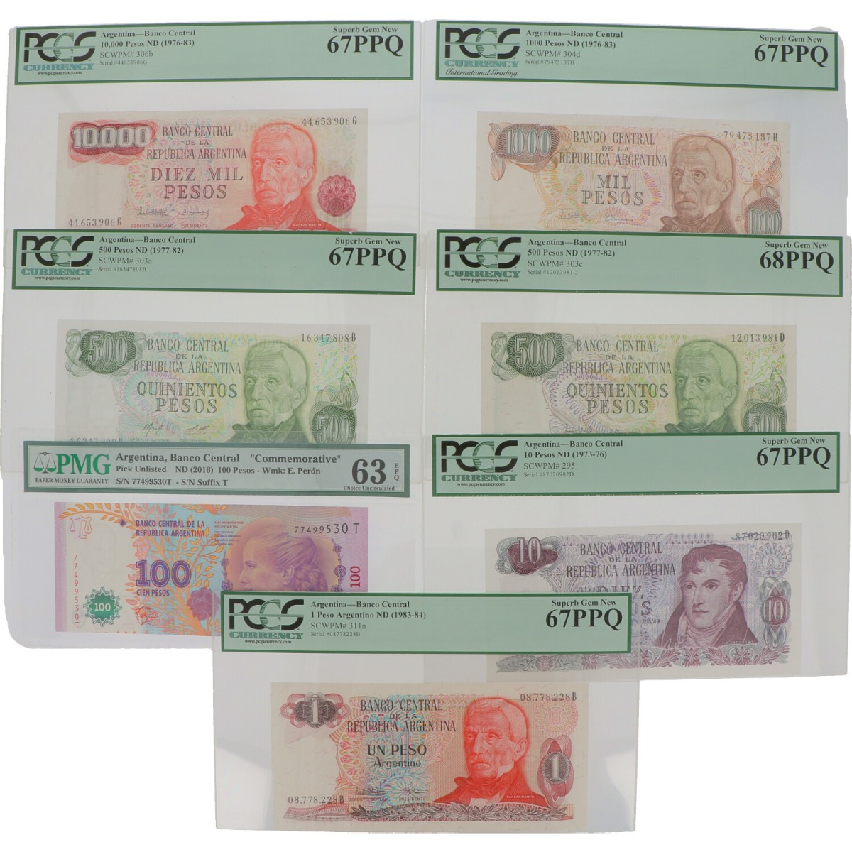 Argentina 1 peso, 10, 100, 2x 500, 1000 and 10000 pesos Banknote Type 1973-2016 - UNC