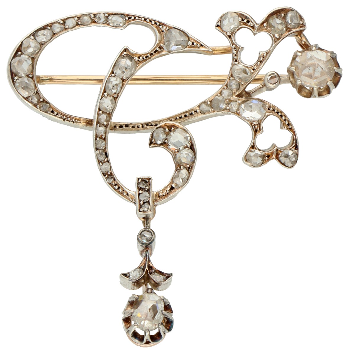 Gouden en zilveren broche met diamanten