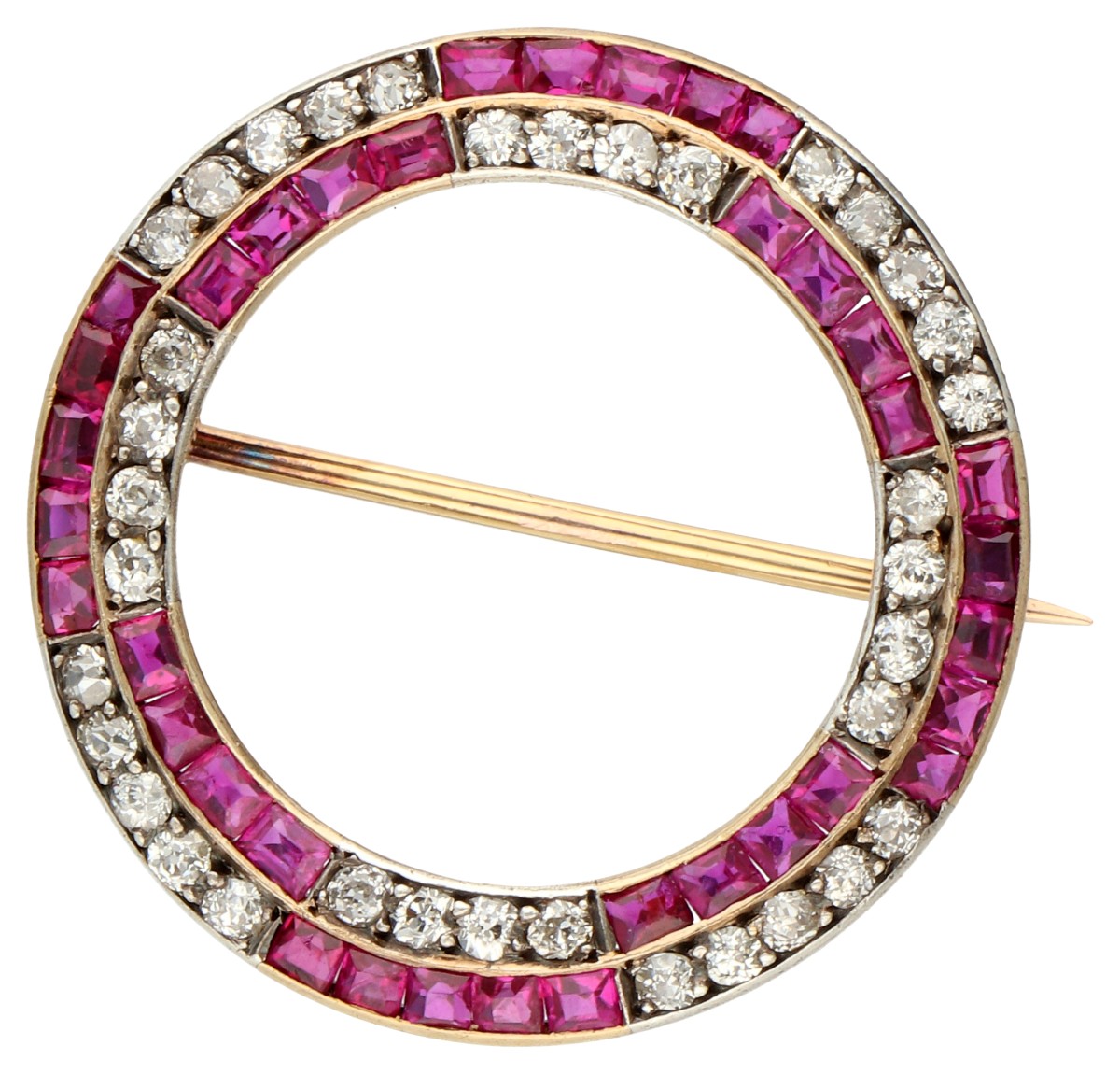Broche bezet met ca. 1.08 ct. robijnen en diamanten