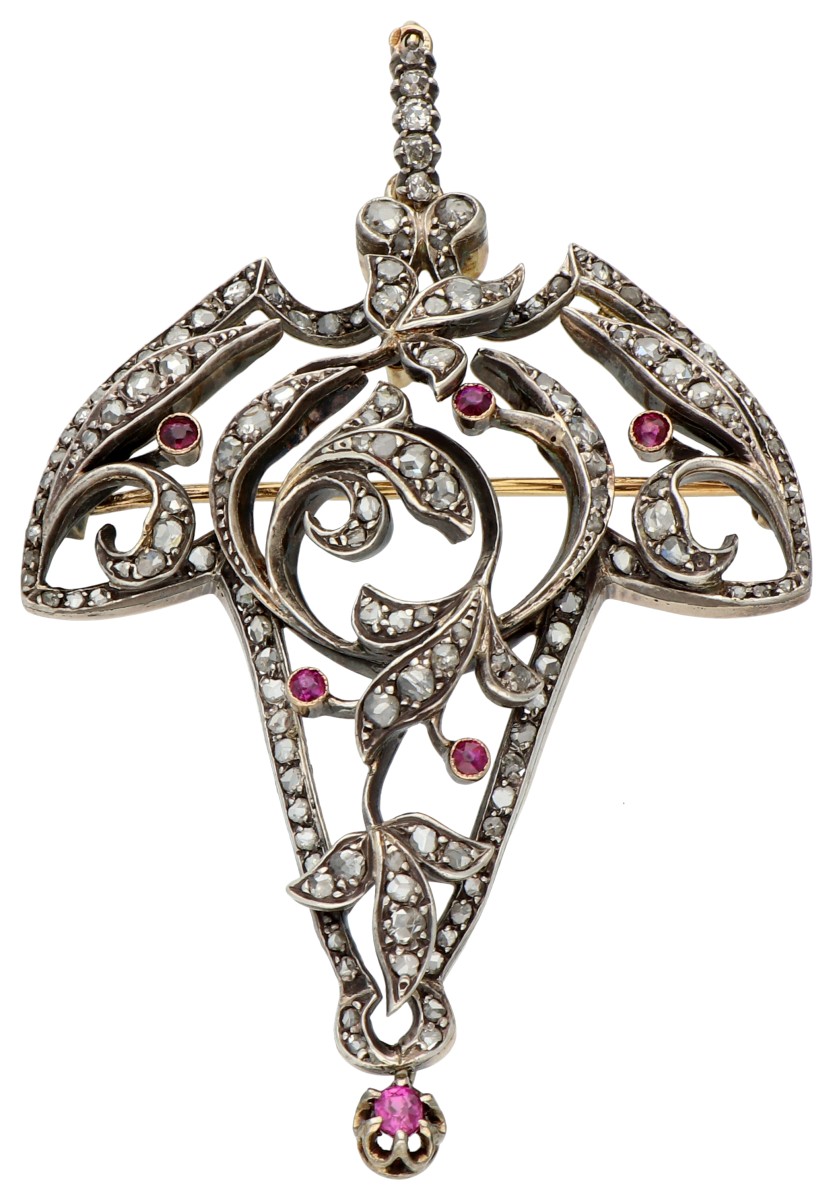 Zilver en gouden multifunctionele hanger/broche met diamant en robijn