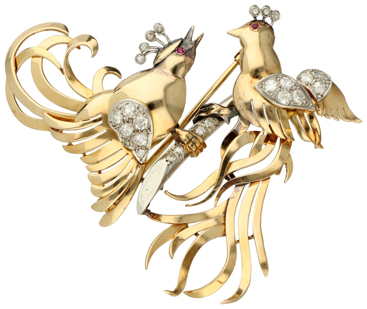 14K geelgouden - platina paradijsvogel broche met diamant