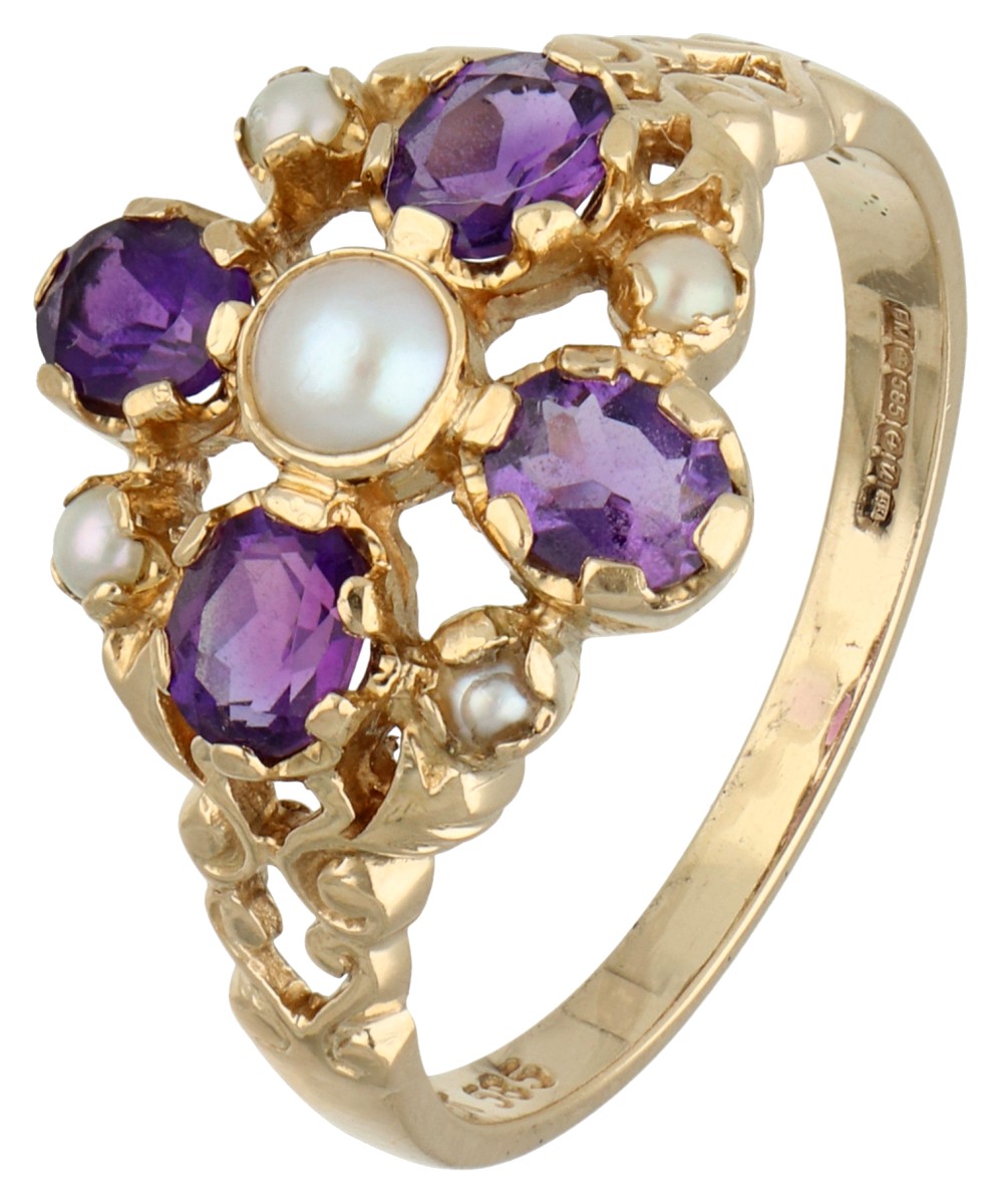 Franklin Mint 14K geelgouden ring bezet met ca. 1.08 ct. amethist en gecultiveerde parels