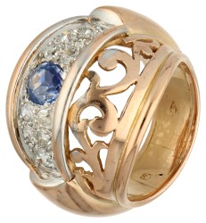 18K bicolor gouden ring bezet met diamant en saffier