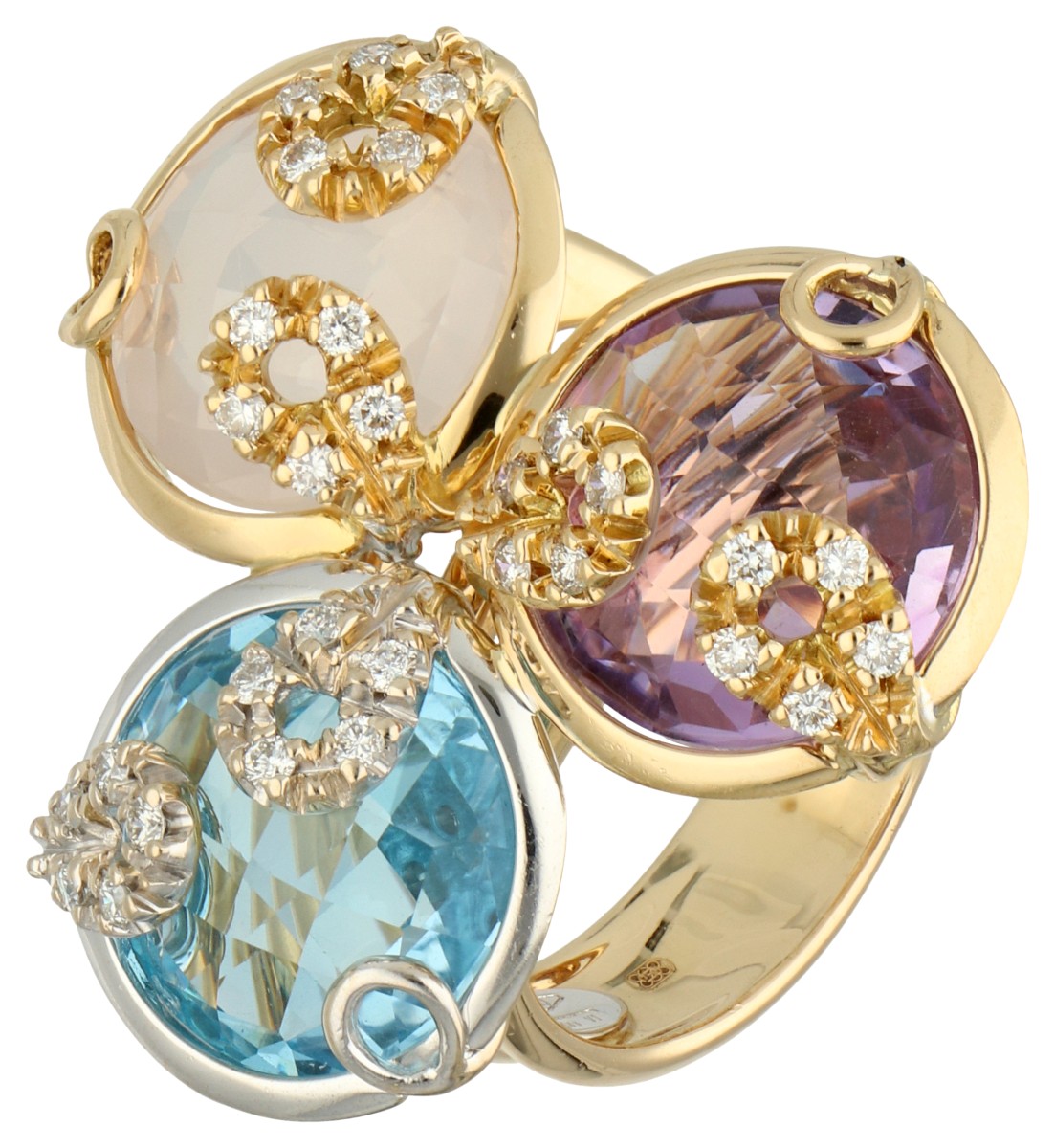 18K geelgouden ring bezet met ca. 0.30 ct. diamant, synthetisch kwarts, amethist en saffier