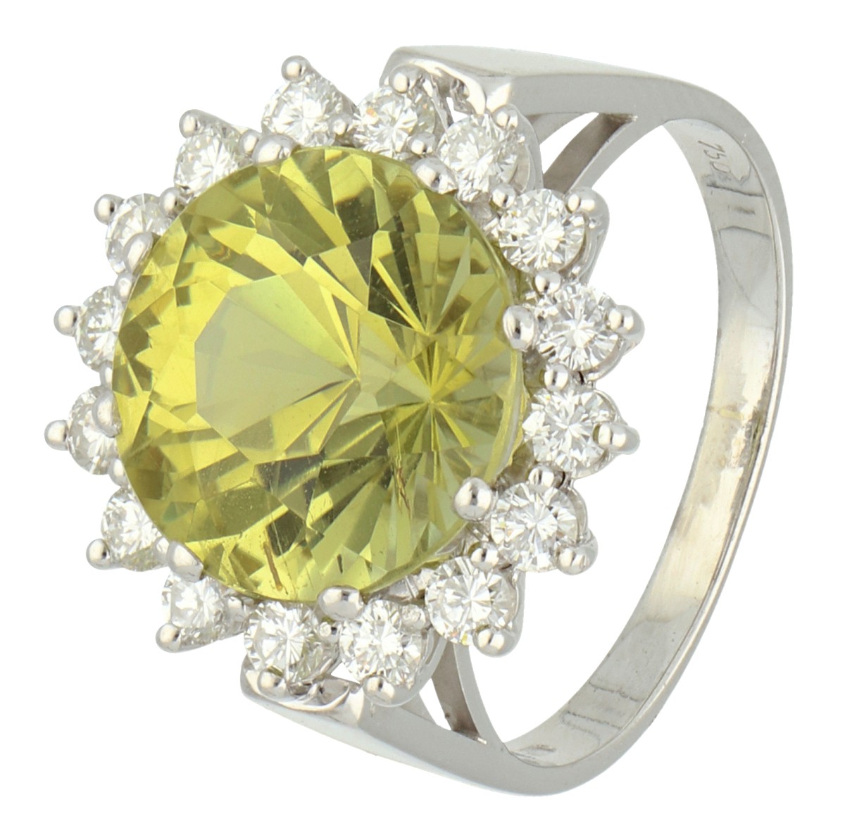 18K witgouden entourage ring bezet met diamant en synthetisch saffier