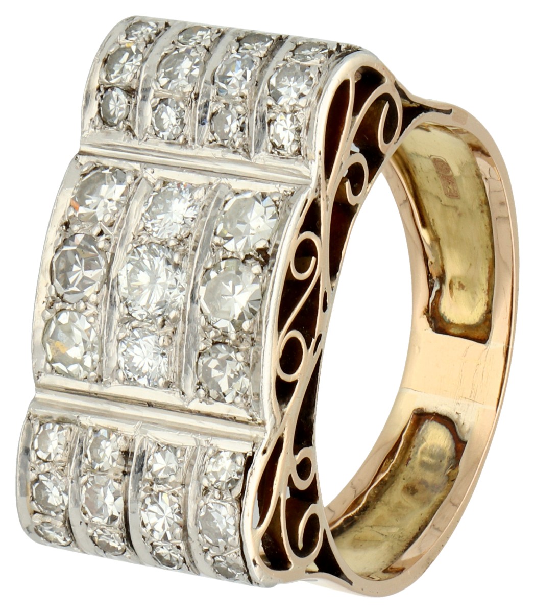 14K geelgouden - platina tank ring bezet met ca. 0.78 ct. diamant