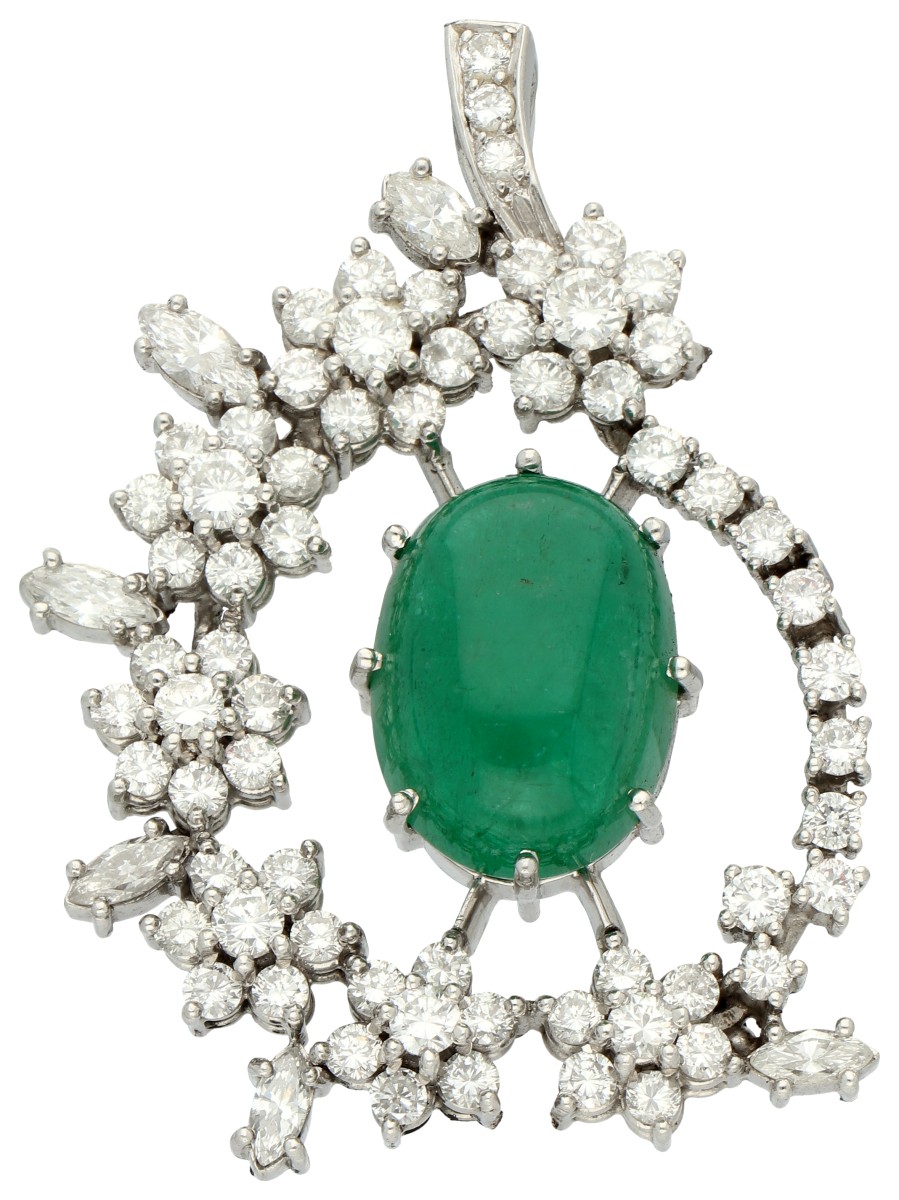 Platina hanger bezet met een natuurlijke smaragd van 9.05ct en diamant,  inclusief ALGT certificaat