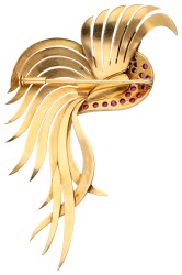 14K geelgouden vogel broche met diamant, robijn en smaragd