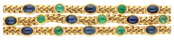 18K geelgouden drie rijige gourmet armband saffier en smaragd