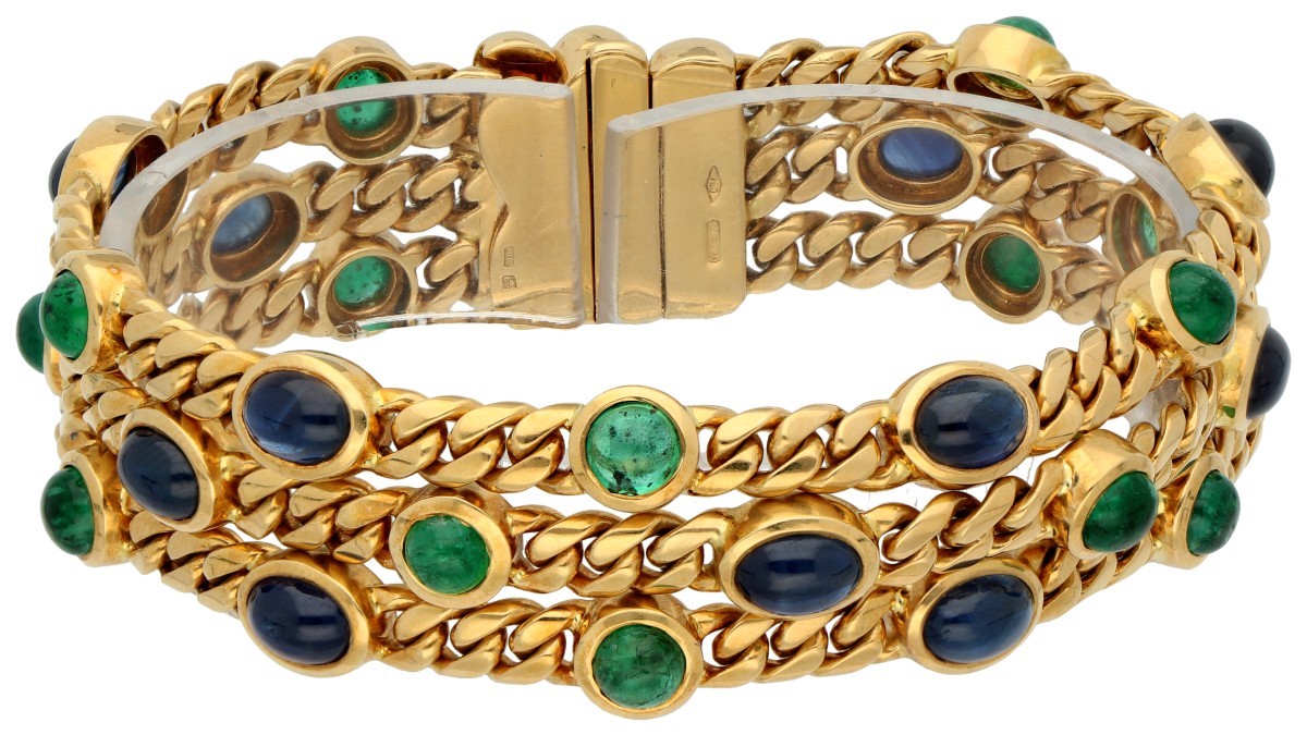 18K geelgouden drie rijige gourmet armband saffier en smaragd