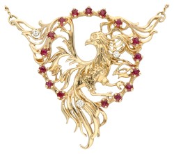 Franklin Mint Fabergé 14K geelgouden 'Phoenix' collier bezet met diamant en robijn