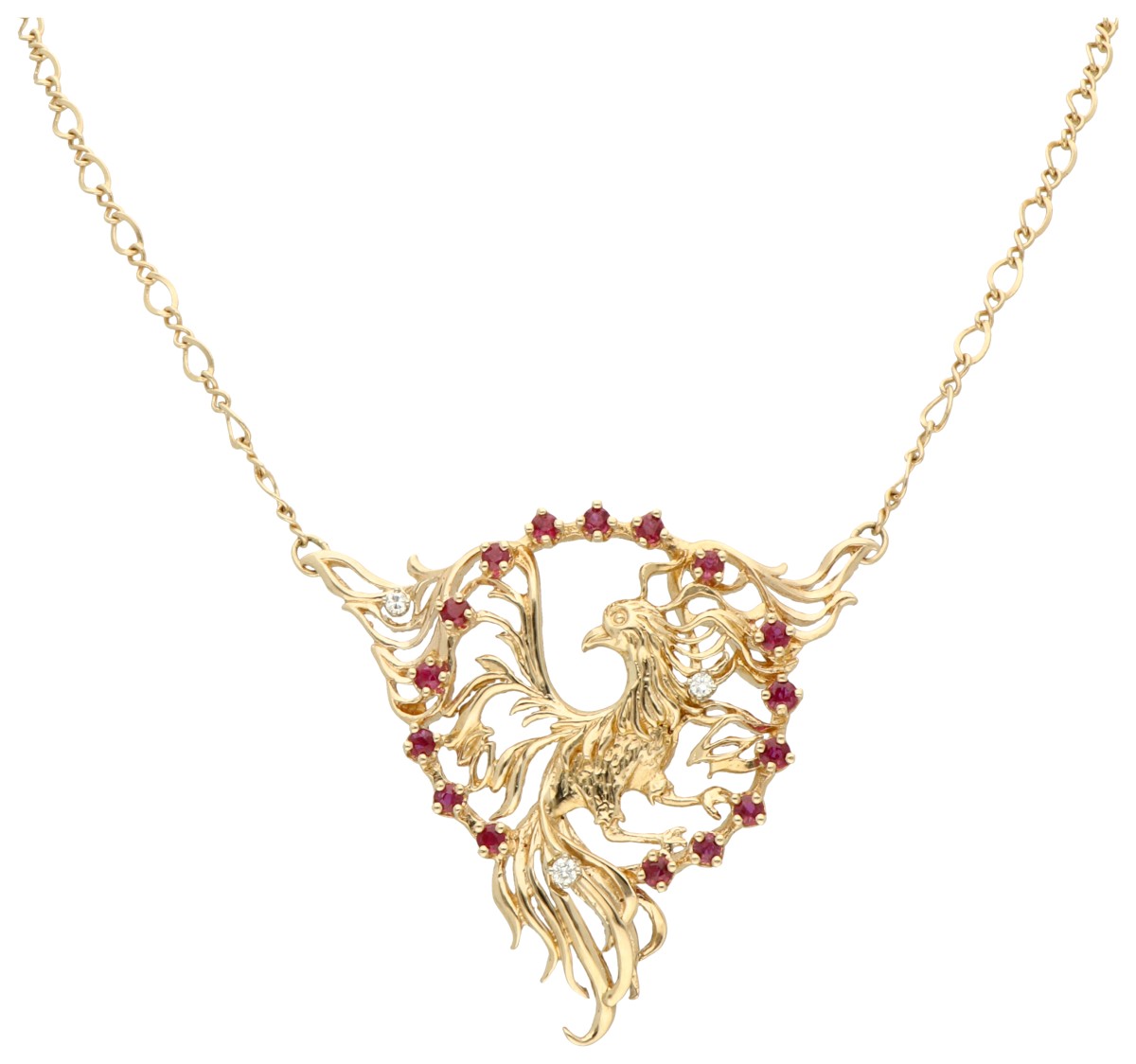 Franklin Mint Fabergé 14K geelgouden 'Phoenix' collier bezet met diamant en robijn