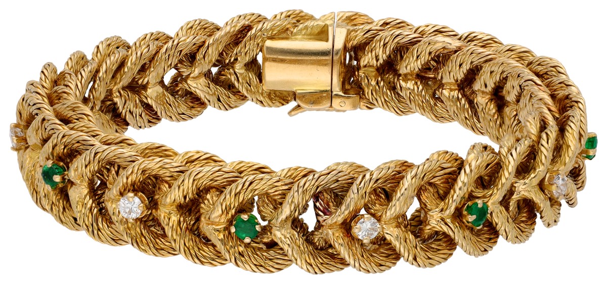 George L'Enfant 18K dubbele schakelarmband bezet met diamant en natuurlijke smaragd