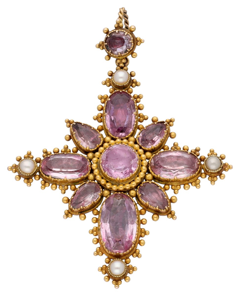 18K geelgouden herinnerings hanger met edelstenen en parels