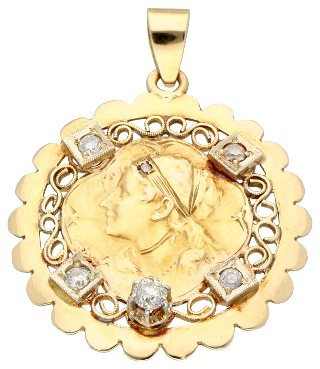 14K geelgouden Art Nouveau hanger en profil met diamant