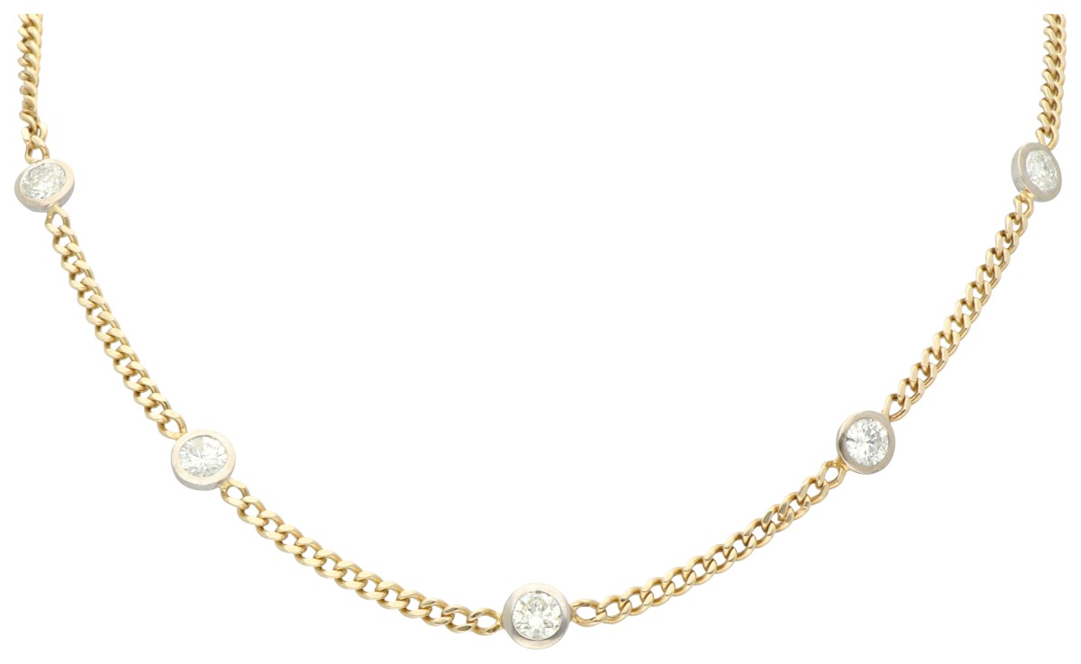 14K bicolor gouden gourmetschakel collier bezet met ca. 1.80 ct. diamant. 