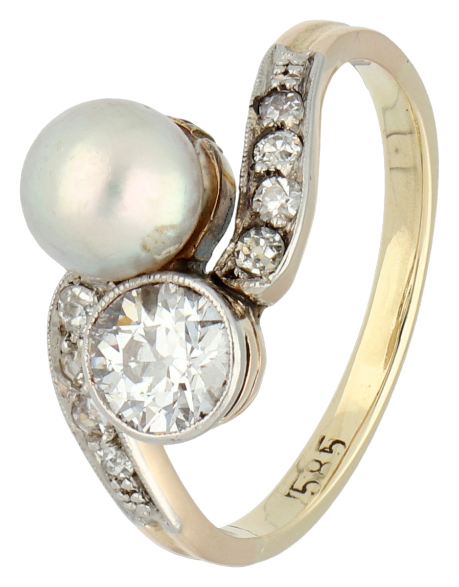 BWG geelgouden toi et moi Art Deco ring met diamanten en parel