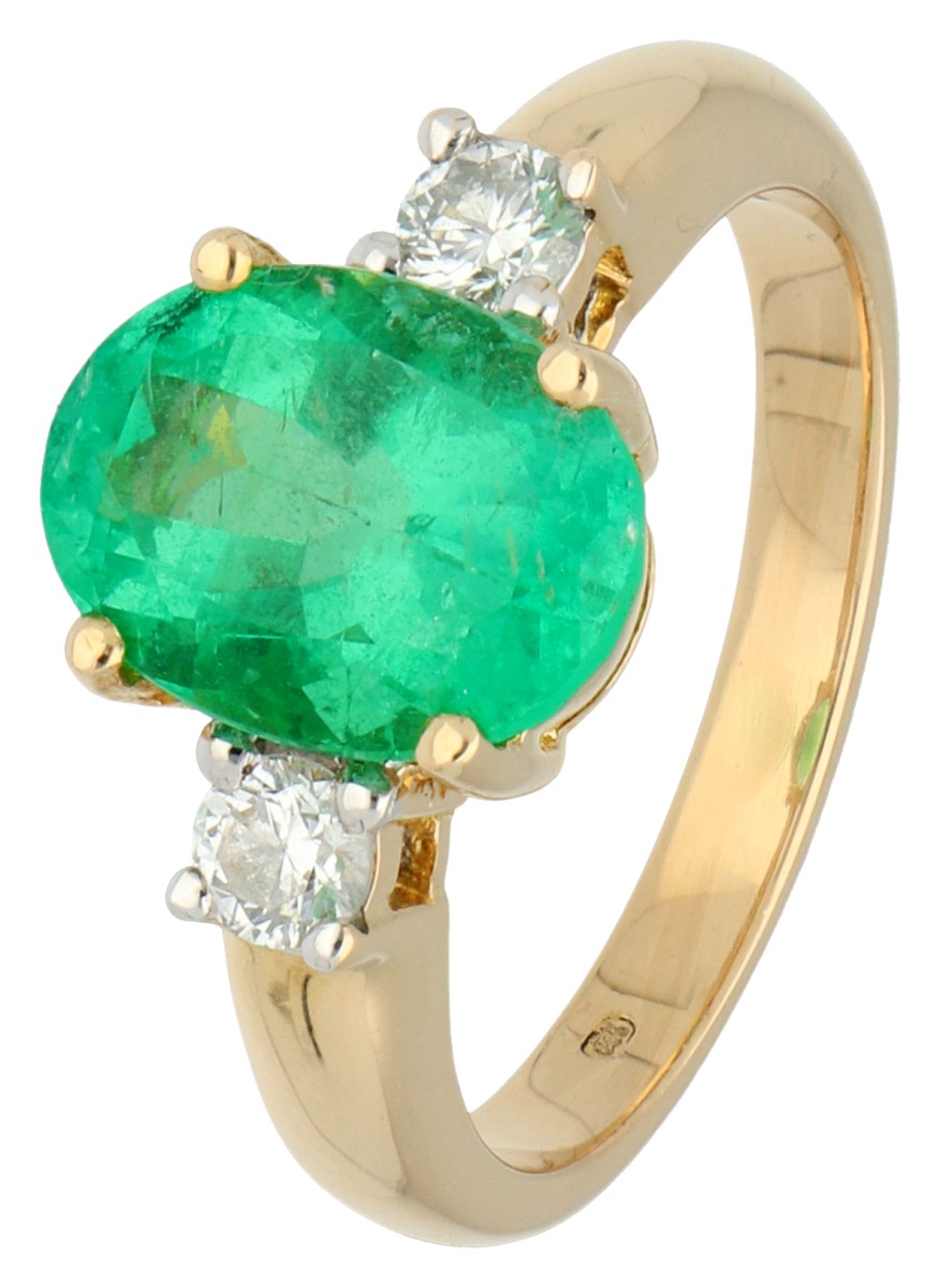 18K geelgouden ring bezet met ca. 0.25 ct. diamant en synthetisch smaragd