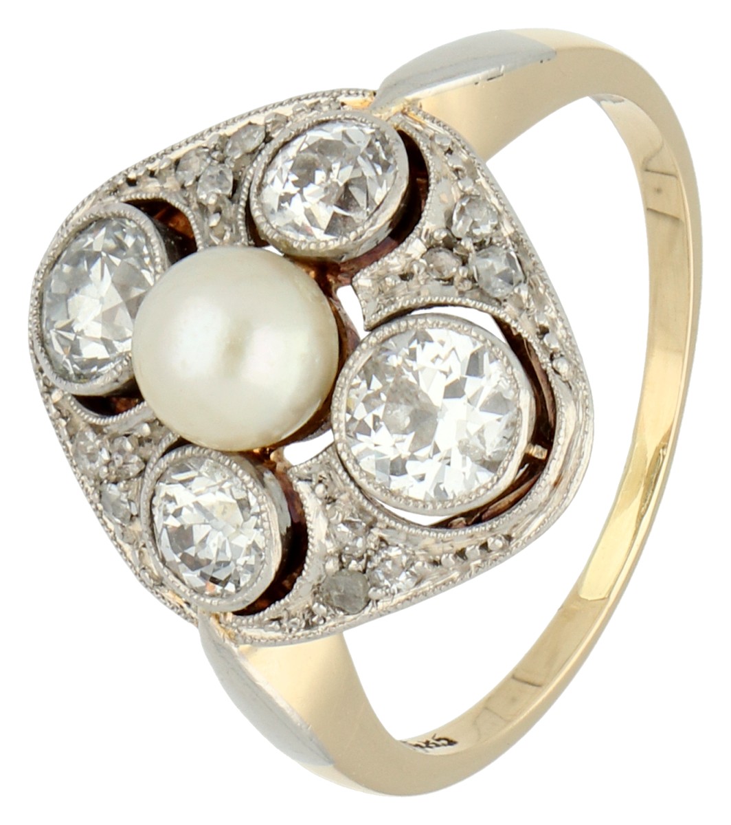 14K gouden/platina ring bezet met diamant en een gecultiveerde parel