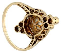 14K bicolor gouden ring bezet met diamant en een gecultiveerde button parel