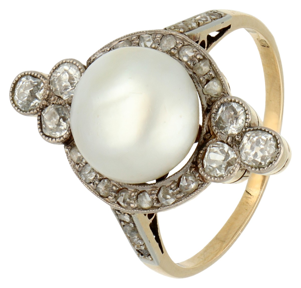 14K bicolor gouden ring bezet met diamant en een gecultiveerde button parel