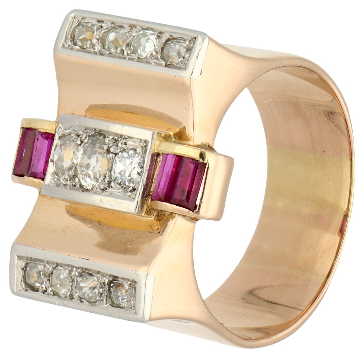 18K roségouden ring bezet met ca. 0.61 ct. diamant en synthetisch robijn in platina zetting