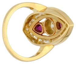 18K geelgouden navette ring met diamant en synthetische robijnen