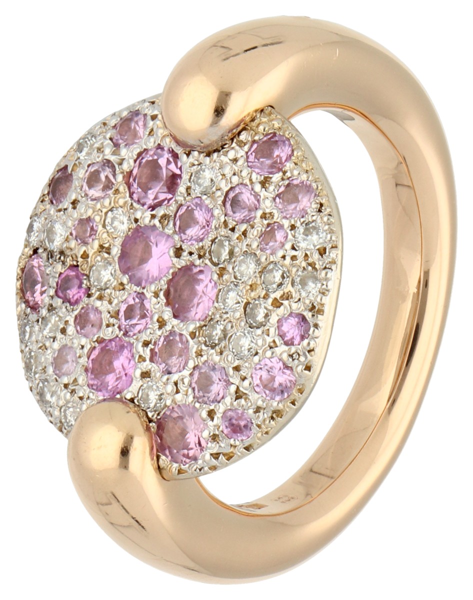 Pomellato 18K bicolor gouden 'Sabbia' ring bezet met ca. 0.10 ct. diamant en saffier. 