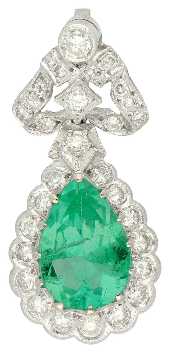 18K witgouden hanger bezet met natuurlijke Colombiaanse smaragd van 2.2 ct. en diamant, inclusief ALGT certificaat