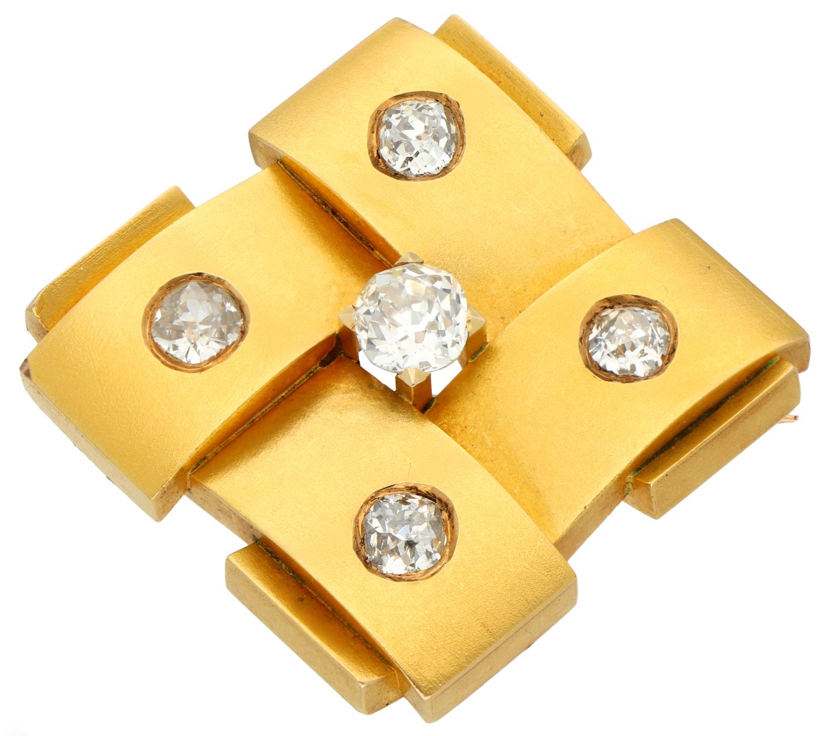 14K geelgouden gematteerde broche bezet met ca. 1.95 ct. diamant